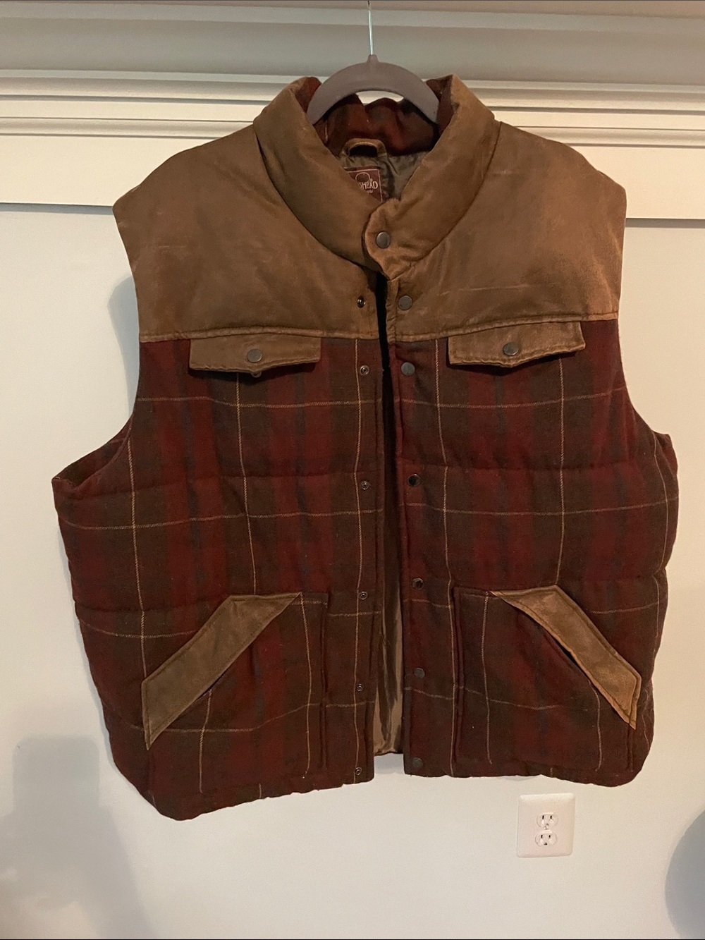 RedHead Men’s Brown & Dark Red Plaid Quilted Vest with Suede Yoke
